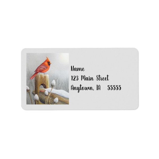 Red Northern Kardinal Bird auf dem Zaun Wasserfarb Adressaufkleber (Vorne)
