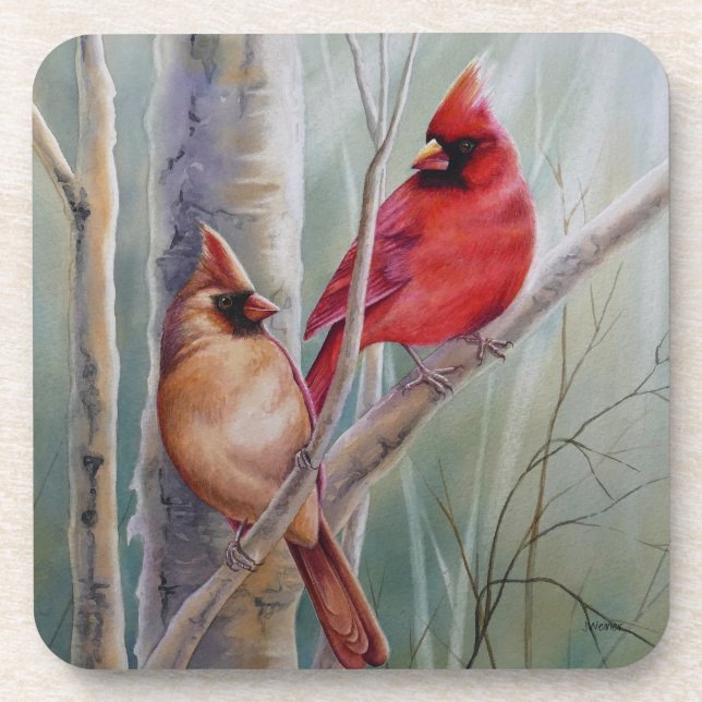 Red Northern Kardinal Bird Pair Watercolor Art Getränkeuntersetzer (Vorderseite)