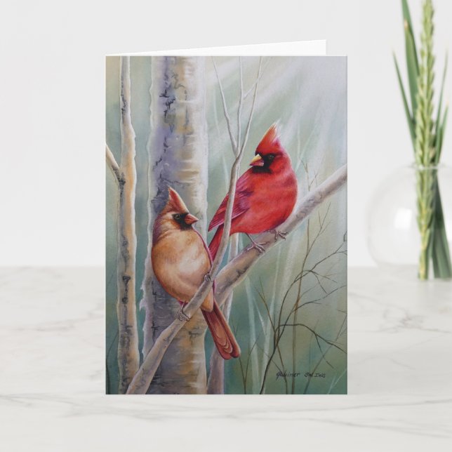 Red Northern Kardinal Bird Pair Watercolor Art Karte (Vorderseite)