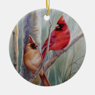 Red Northern Kardinal Bird Pair Watercolor Art Keramik Ornament