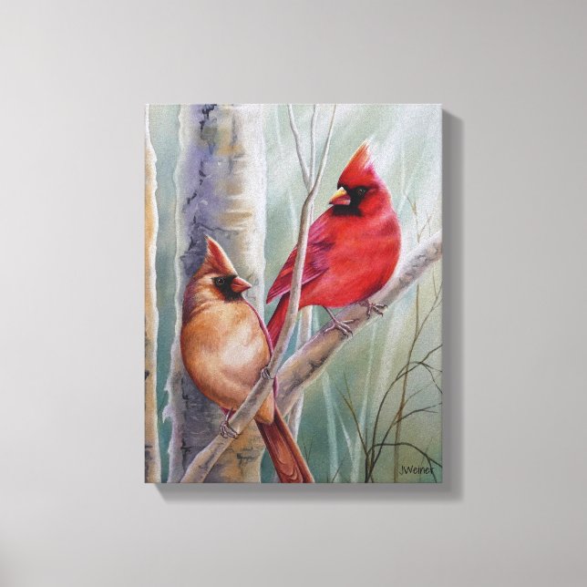 Red Northern Kardinal Bird Pair Watercolor Art Leinwanddruck (Vorderseite)