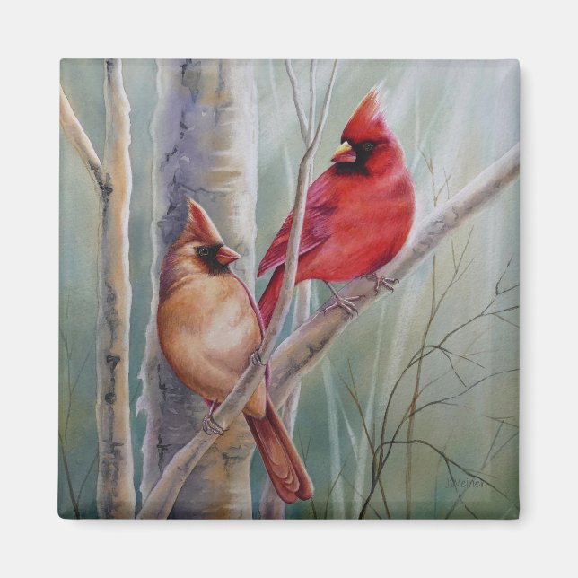 Red Northern Kardinal Bird Pair Watercolor Art Magnet (Vorne)