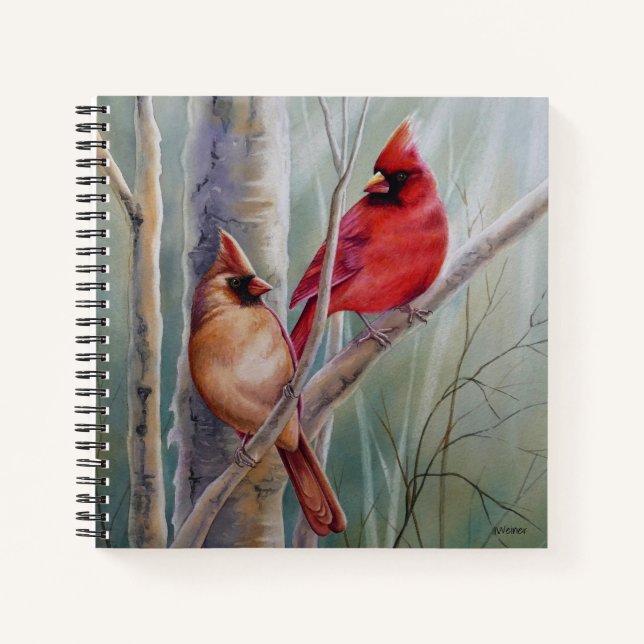 Red Northern Kardinal Bird Pair Watercolor Art Notizbuch (Vorderseite)