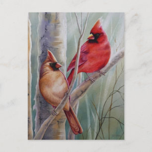 Red Northern Kardinal Bird Pair Watercolor Art Postkarte