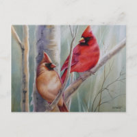 Red Northern Kardinal Bird Pair Watercolor Art