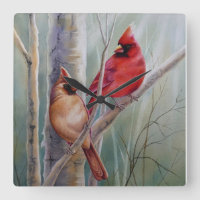 Red Northern Kardinal Bird Pair Watercolor Art
