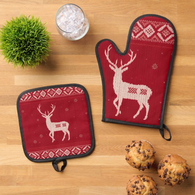 Red Norwegian Knit w/ Deer, Oven Mitt & Pot Holder Ofenhandschuh & Topflappen-Set (Oben Unten)
