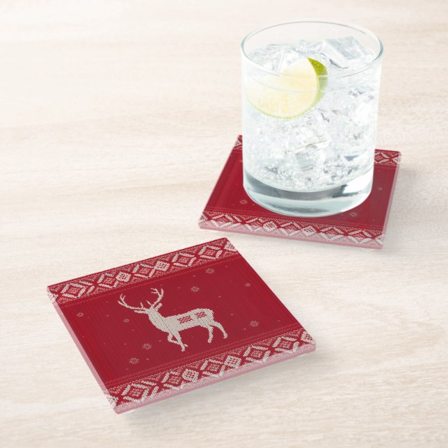 Red Norwegian Knit with Deer, Glass Coaster Glasuntersetzer (Schrägansicht)