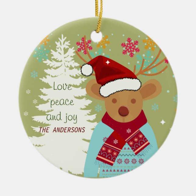 Red Nose Reindeer Snowflake Familie Name Weihnacht Keramik Ornament (Vorne)