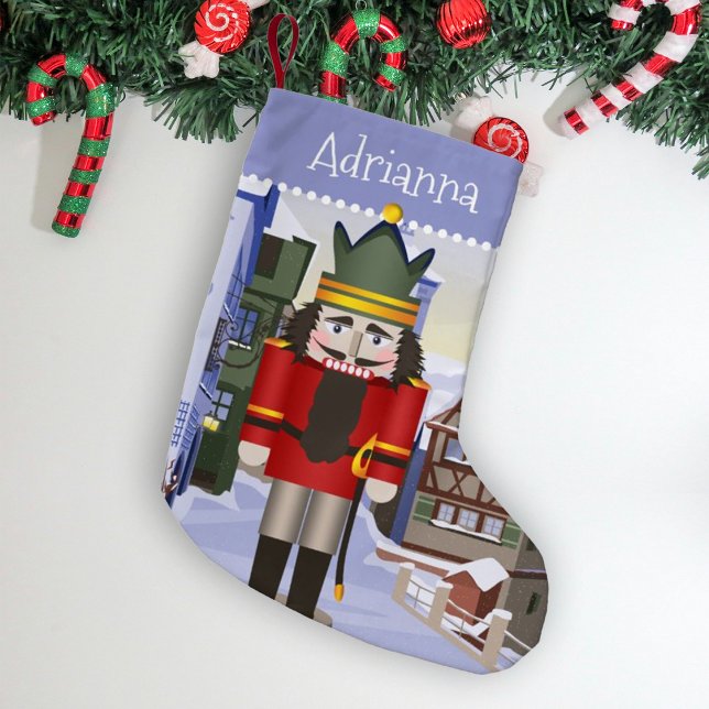 Red Nutcracker, bayerisch Personalisiert Kleiner Weihnachtsstrumpf (Nostalgic light blue personalized Christmas stocking with name. Red nutcracker, Bavarian town.)