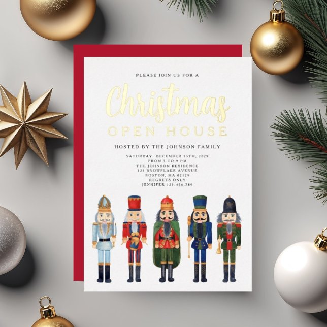 Red Nutcracker Christmas Open House Gold Folieneinladung (Red Nutcracker Christmas Open House Gold Foil Invitation)