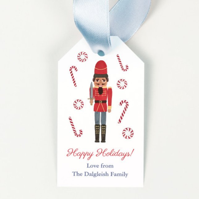 Red Nutcracker Happy Holidays Geschenkanhänger (African American nutcracker in red and blue uniform with peppermint candies merry christmas gift tag)