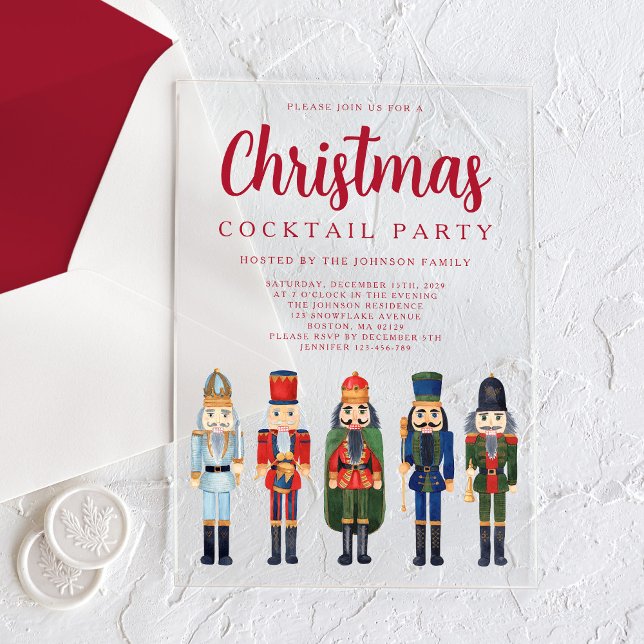 Red Nutcracker Weihnachtscocktail Party Acryleinladungen (Red Nutcracker Christmas Cocktail Party Acrylic Invitations)