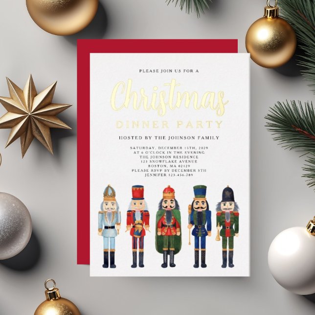 Red Nutcracker Weihnachtsessen Party Gold Folieneinladung (Red Nutcracker Christmas Dinner Party Gold Foil Invitation)