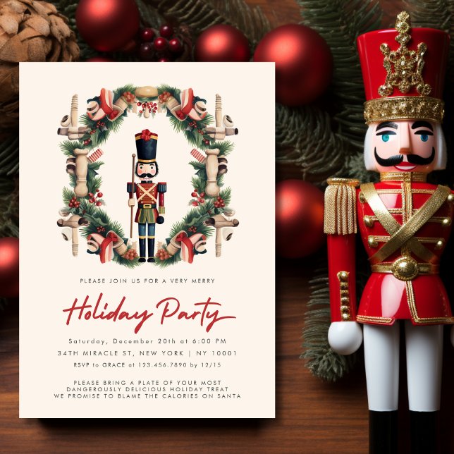 Red Nutcracker Wreath Christmas Party Einladung (Red Nutcracker Wreath Christmas Party Invitation)