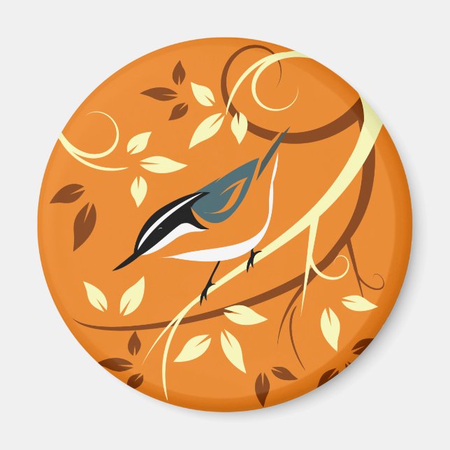 Red Nuthatch auf stilisierten Baumzweigen Magnet (Vorne)