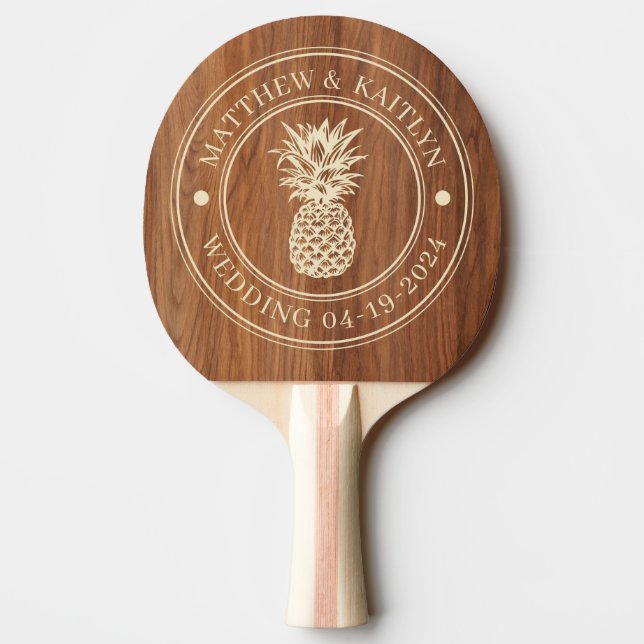 Red Oak Wood Pineapple Wedding Crest & Names Tischtennis Schläger (Rückseite)