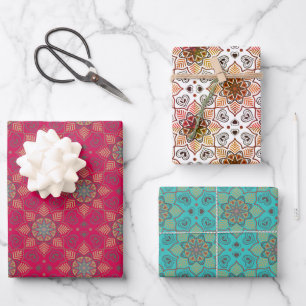 Red Ocean Blue Orange Mandala Blume Batik Muster Geschenkpapier Set