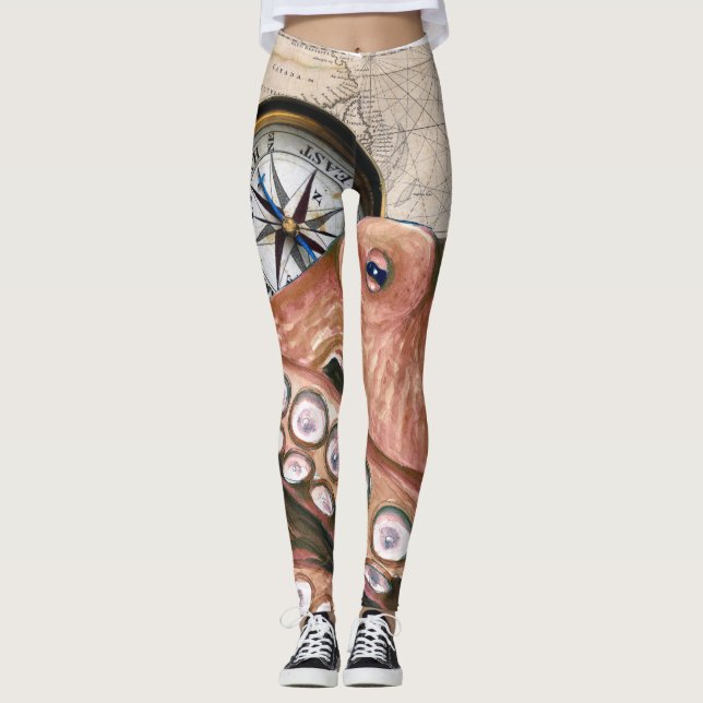 Red Octopus Compass Vintag Map beige Leggings (Vorderseite)