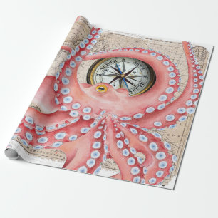 Red Octopus Vintag Map Compass Geschenkpapier