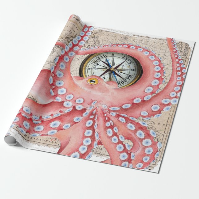 Red Octopus Vintag Map Compass Geschenkpapier (Ungerollt)