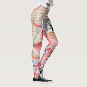 Red Octopus Vintag Map Compass Leggings