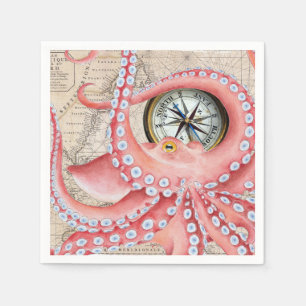 Red Octopus Vintag Map Compass Serviette