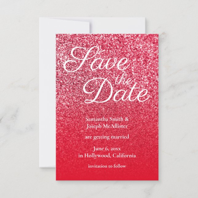 Red Ombre Glitzer Save the Date Einladung (Vorderseite)