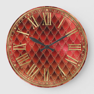 Red Ombre & Gold Sparkle Dragon Scales Große Wanduhr