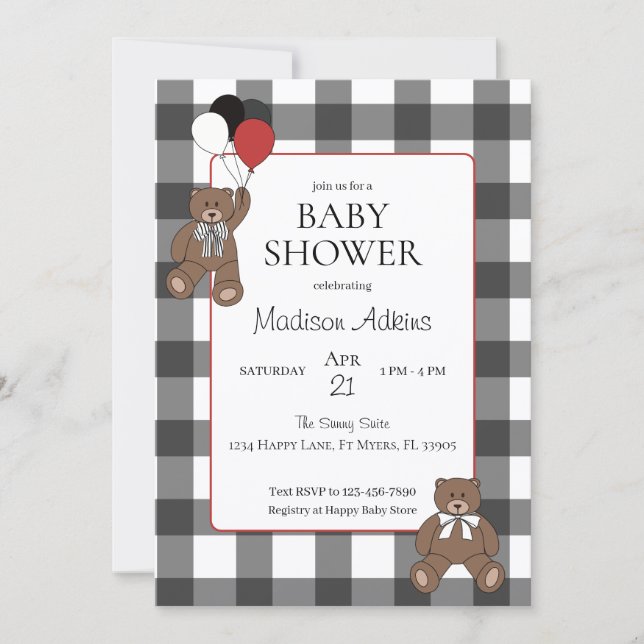 Red on Black Buffalo Check Teddy Bears Baby Shower Einladung (Vorderseite)
