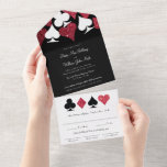 Red on Black Imitats Glitzer Las Vegas Wedding All In One Einladung<br><div class="desc">Dieses praktische alles in einer Hochzeitseinladung bietet elegante Typografie und eine Akzent-Grafik von Kartenspielen Anzüge in weiß und Kirschrot Imitat Glitzer. Ideal für eine Hochzeit in Las Vegas in einer kleinen Kapelle abseits des Streifens,  alles was Sie brauchen ist Liebe und ein oder zwei Zeugen!</div>