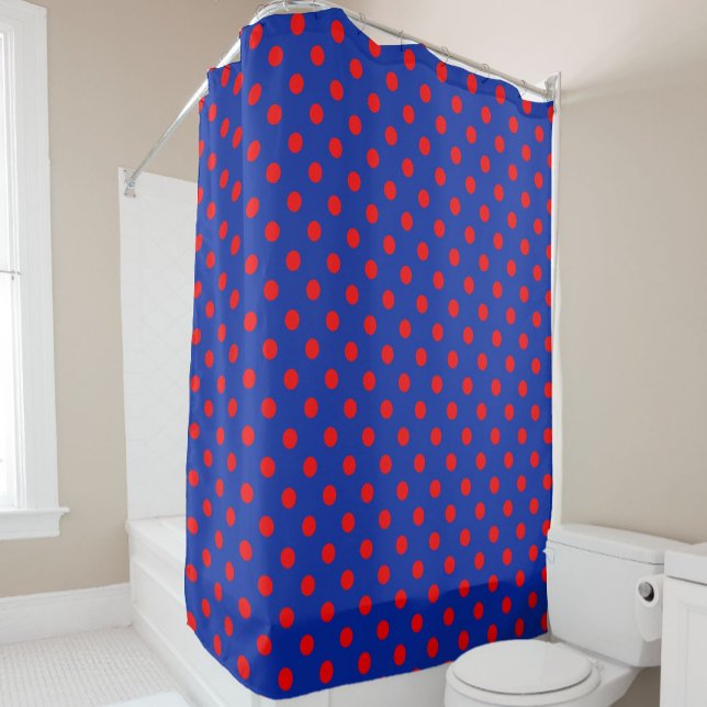 Red On Blue Polka Dots Pattern Design  Duschvorhang (Von Creator hochgeladen)