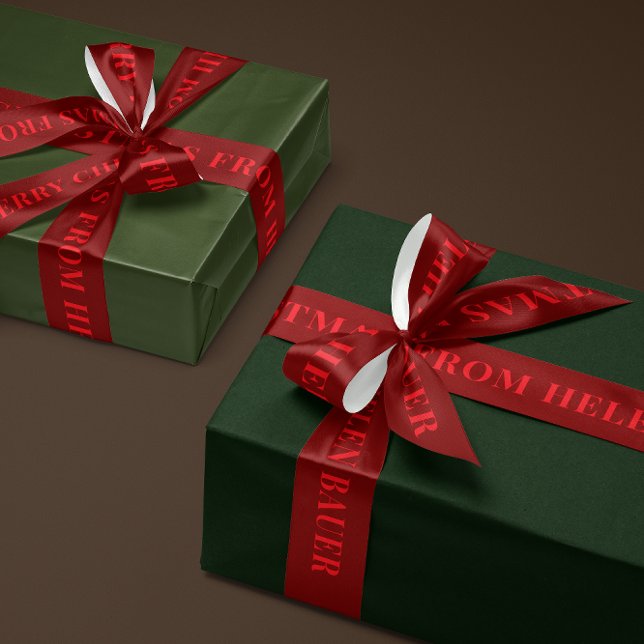 Red on Burgundy Simple Text Merry Christmas Gift Satinband (personalized burgundy red and bright red Merry Christmas gift ribbon with custom name text)