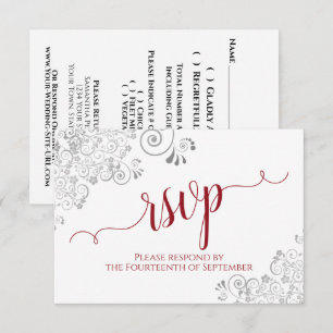 Red on White Elegance Calligraphy Frilly Wedding RSVP Karte