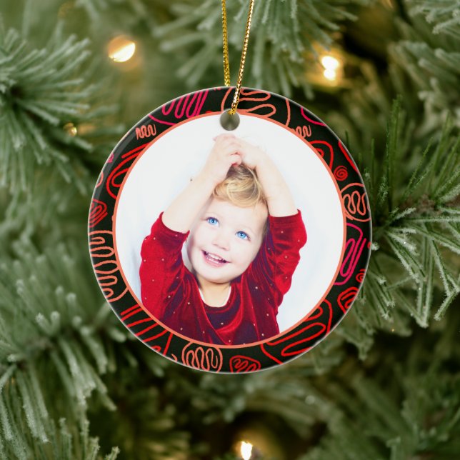 Red One Line Art Frohe Weihnachten Familie Foto Keramik Ornament (Baum)