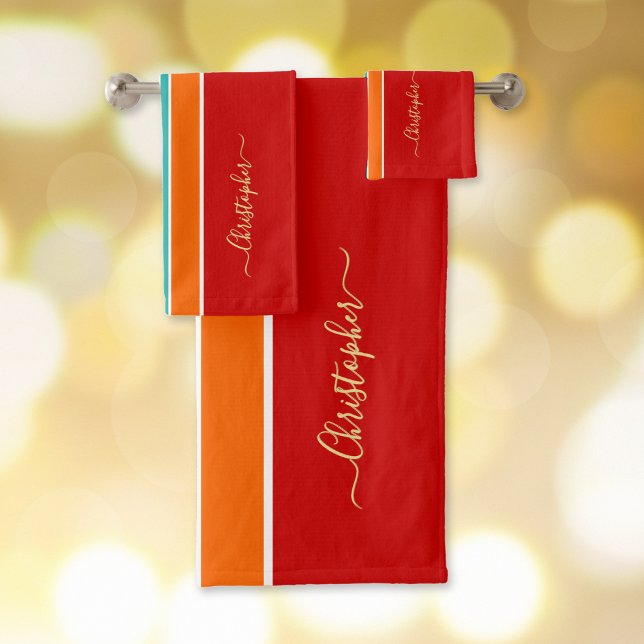 Red Orange Aquamarin Racing Stripes Imitats Gold M Badhandtuch Set (Red Orange Teal Racing Stripes Faux Gold Monogram Bath Towel Set)