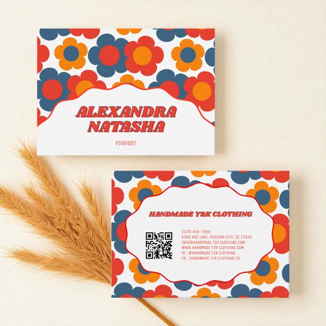 Red Orange Blue Y2K Blume Handgefertigte Kleidung Visitenkarte (Red Orange Blue Y2K Flower Handmade Clothing Business Card)