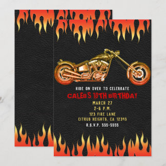 Red & Orange Fire Flames Motorrad Geburtstag Einladung