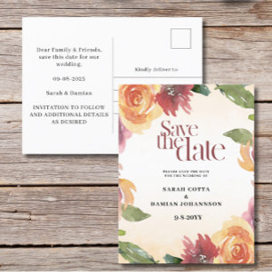 Red Orange Floral Wedding Speichern Sie das Datum Postkarte
