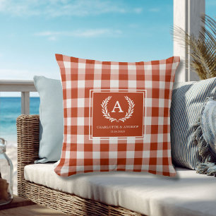 Red-Orange Gingham Monogram Wappen Kissen