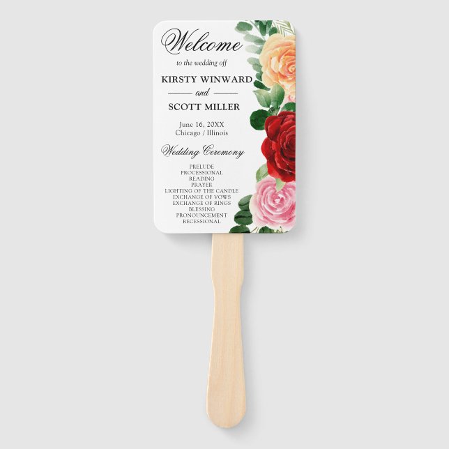 Red Orange Rose Sommer-Blume Hochzeitsprogramm Fächer (Vorderseite)