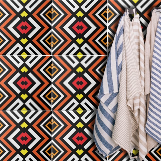 Red Orange Schwarz-weiß Mosaic Geometric Muster Fliese (Von Creator hochgeladen)