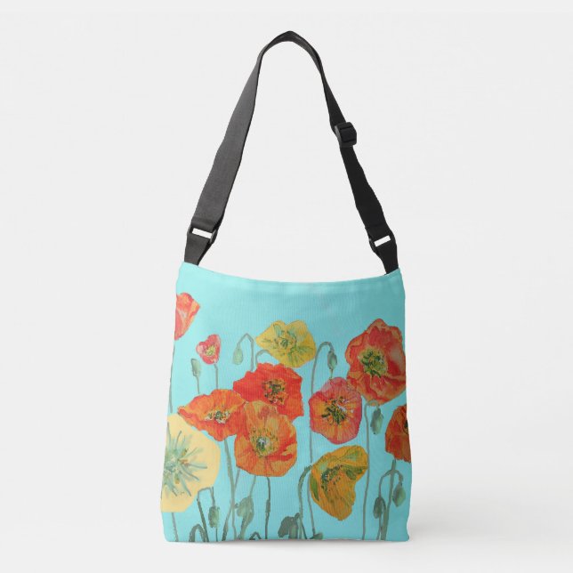 Red Orange Shabby Poppy Crossbody Bag Aqua Tragetaschen Mit Langen Trägern (Vorderseite)