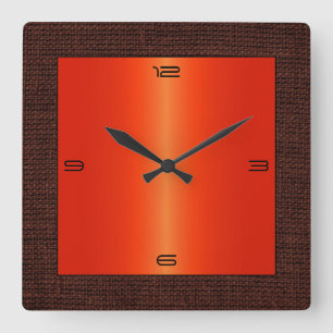 Red Orange Stainless Steel Modern Burlap Border Quadratische Wanduhr