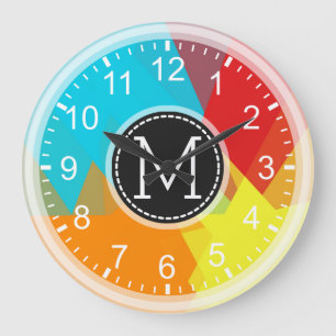 Red Orange Yellow Blue Mosaic Modern Monogram Große Wanduhr