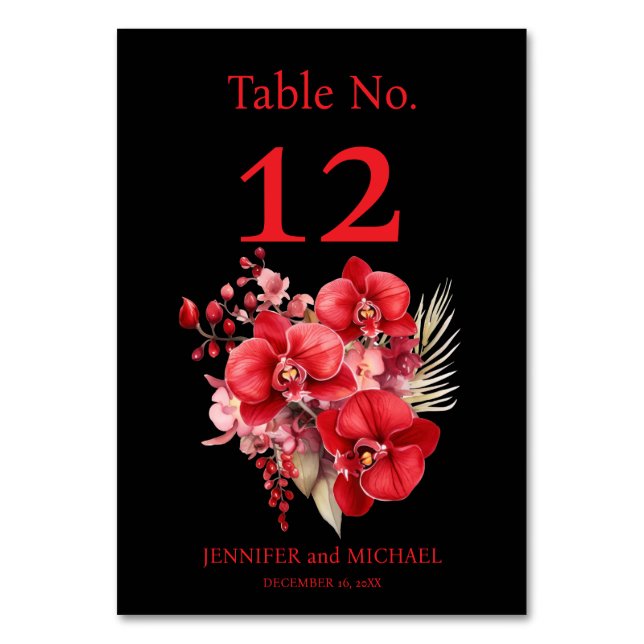 Red Orchids Watercolor Wedding Tischnummer (Vorderseite)