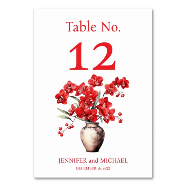 Red Orchids Watercolor Wedding Tischnummer (Vorderseite)