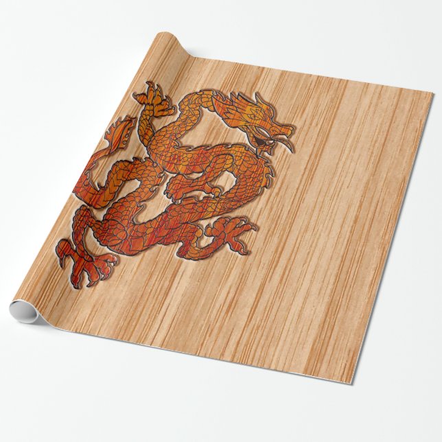 Red Oriental Dragon im Bambusstil Geschenkpapier (Ungerollt)