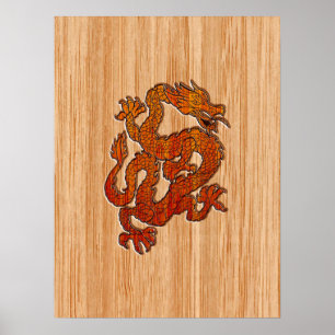 Red Oriental Dragon im Bambusstil Poster