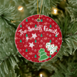 Red Ornaments & Watercolor Pines Christmas Keramik Ornament